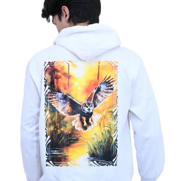 Cotton Regular fit White Flying Owl Graphic Hoodie