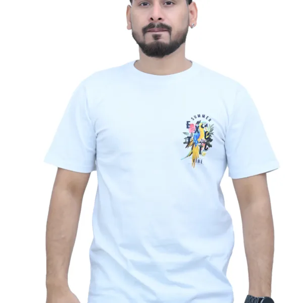 Cotton Regular fit White Parrot Printed Graphic T-shirt