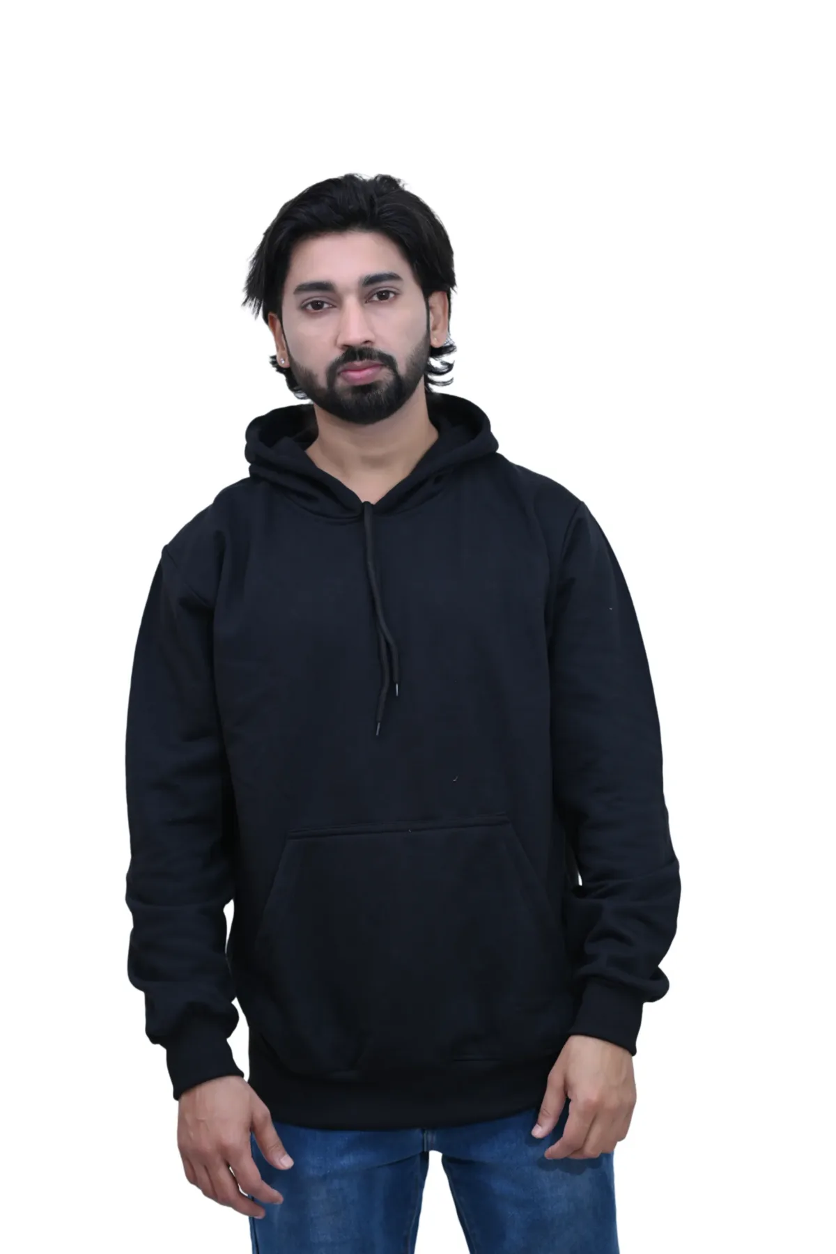 Solid Cotton Regular fit Black Plain Hoodie