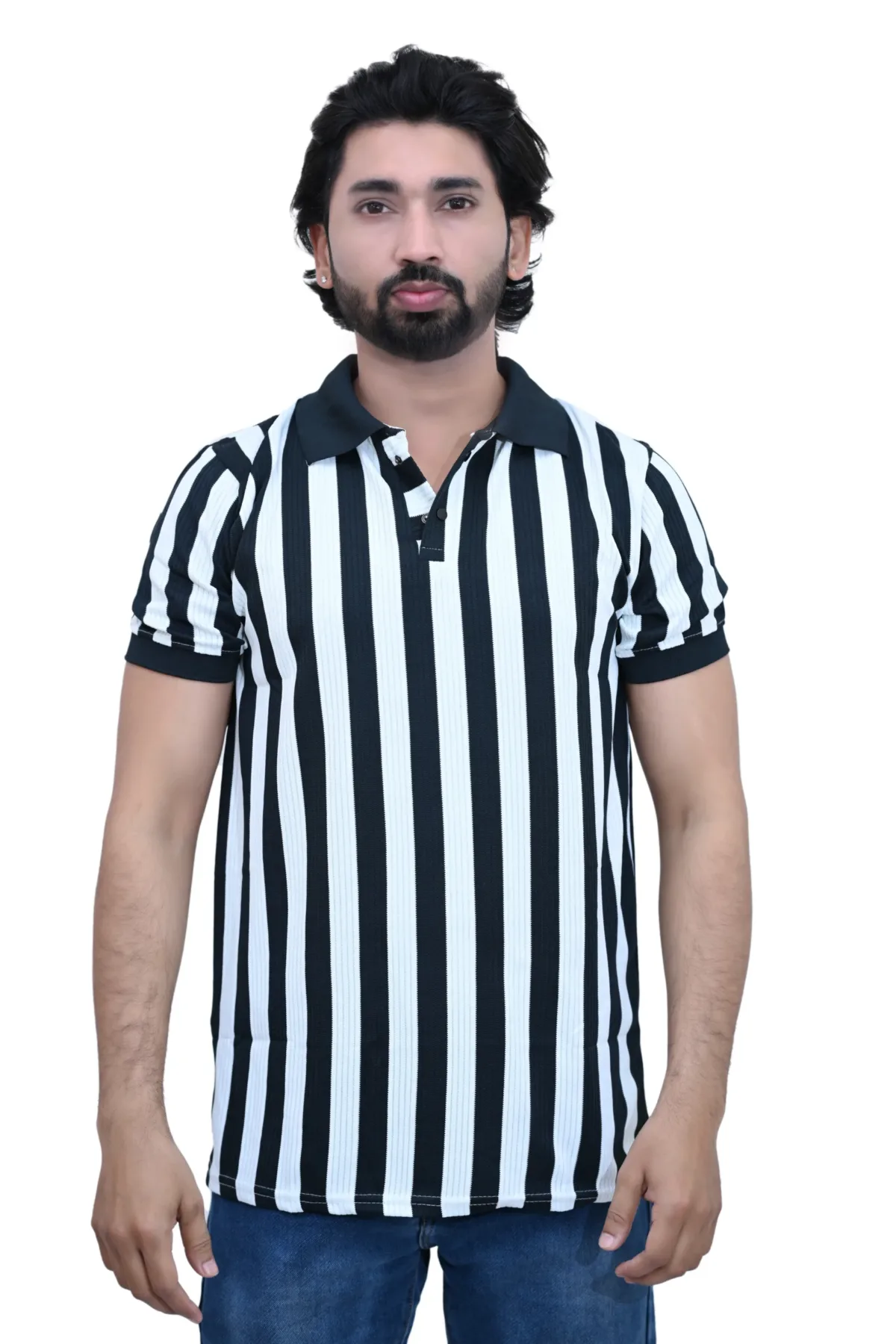 Striped Slim Fit White Black Color Half Sleeves Collared T-shirt