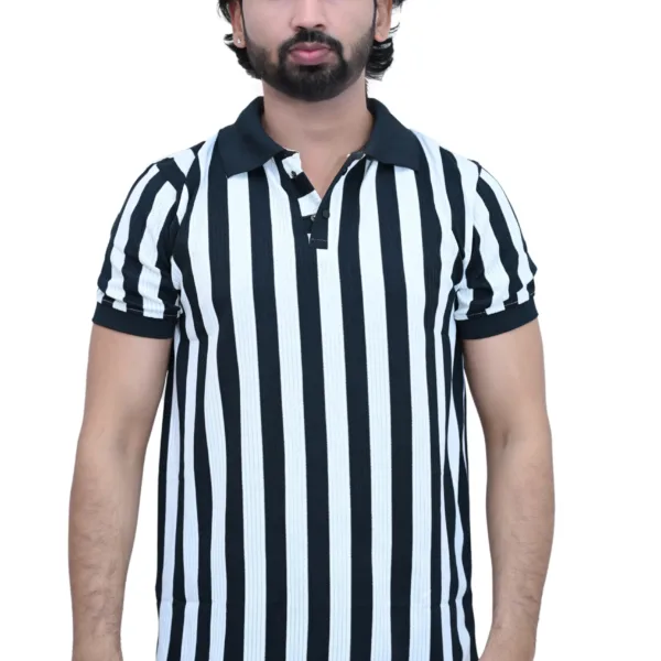 Striped Slim Fit White Black Color Half Sleeves Collared T-shirt