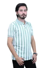 Striped Slim Fit White Green Color Half Sleeves Collared T-shirt