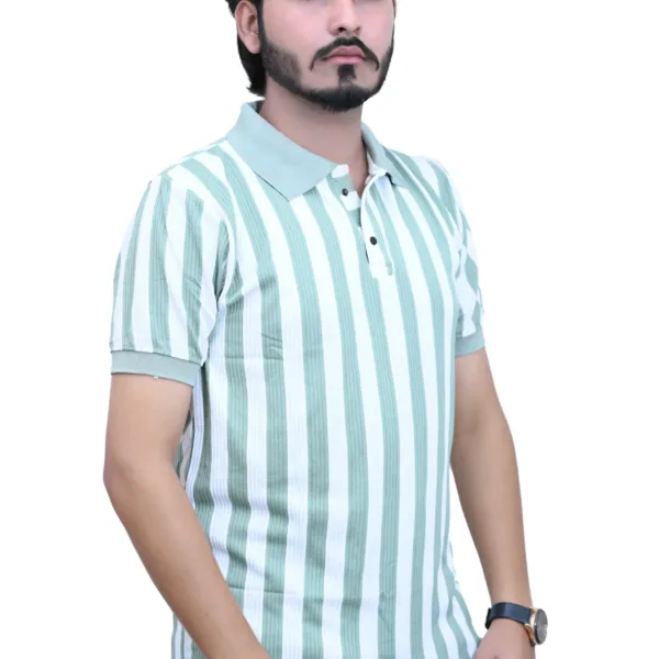 Striped Slim Fit White Green Color Half Sleeves Collared T-shirt