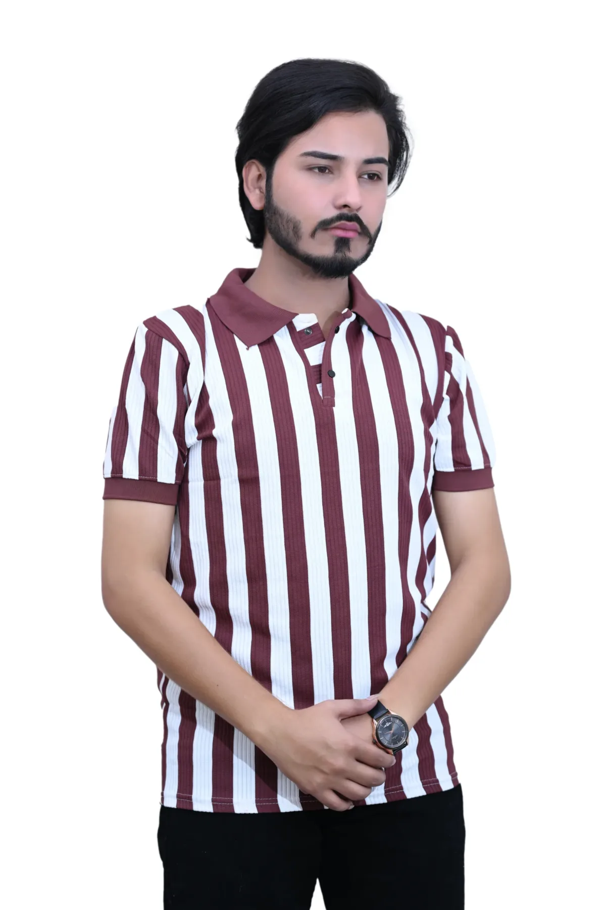 Striped Slim Fit White Maroon Color Half Sleeves Collared T-shirt