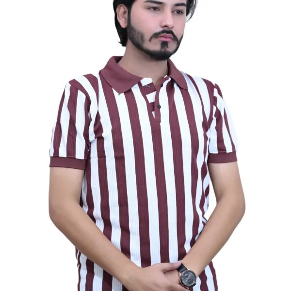 Striped Slim Fit White Maroon Color Half Sleeves Collared T-shirt