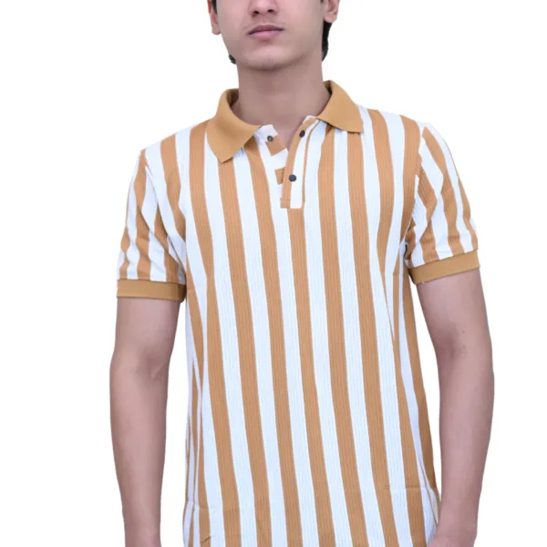 Striped Slim Fit White Mustered Color Half Sleeves Collared T-shirt