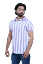 Striped Slim Fit White Purple Color Half Sleeves Collared T-shirt