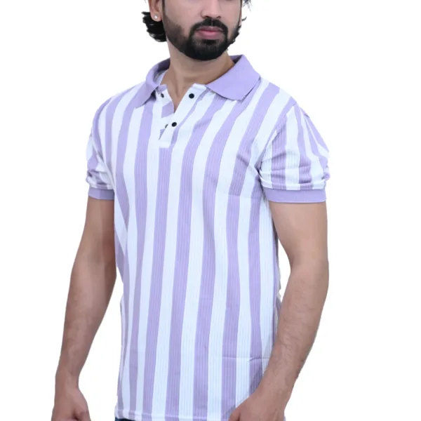 Striped Slim Fit White Purple Color Half Sleeves Collared T-shirt