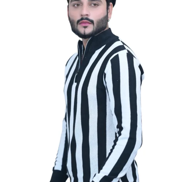 Striped White Black Color Full Sleeves Stand Collared T shirt