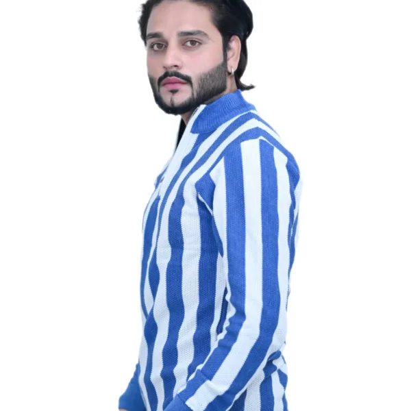 Striped White Blue Color Full Sleeves Stand Collared T shirt