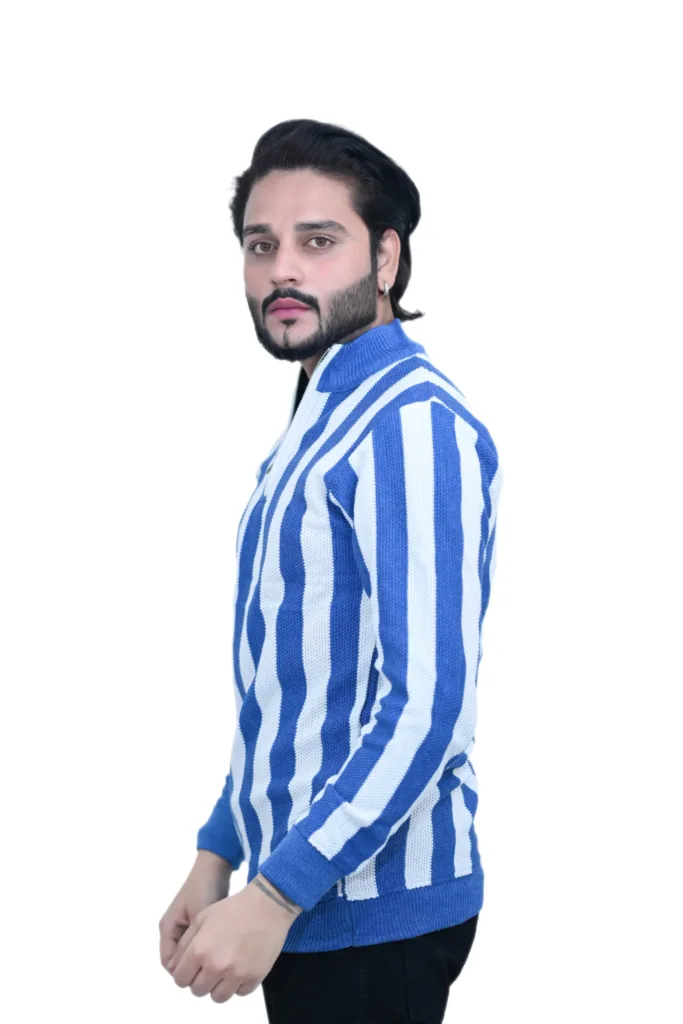 Striped White Blue Color Full Sleeves Stand Collared T shirt