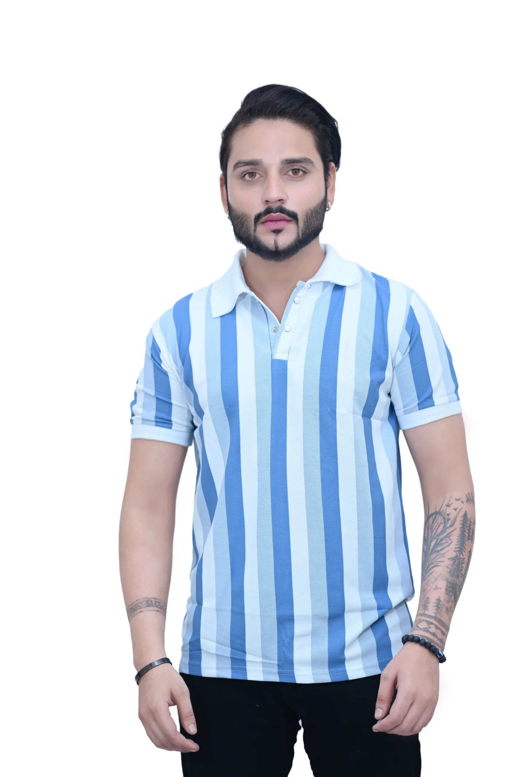 Striped White Blue Color Half Sleeves Collared T shirt