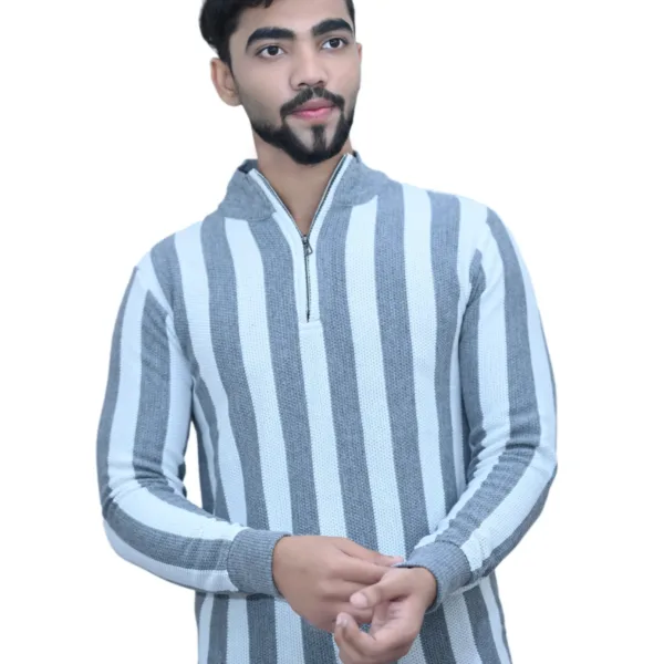 Striped White Gray Color Full Sleeves Stand Collared T shirt