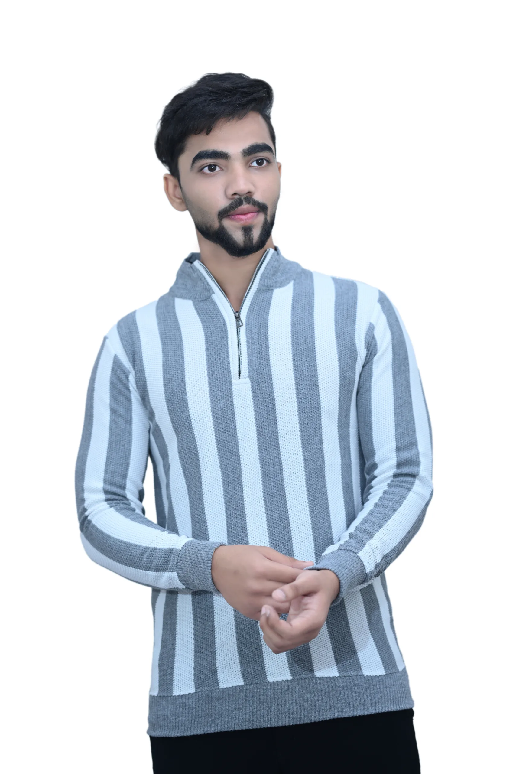 Striped White Gray Color Full Sleeves Stand Collared T shirt