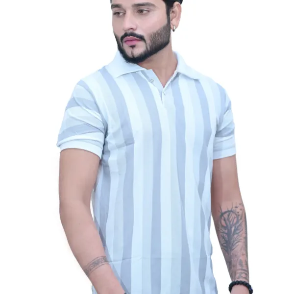 Striped White Gray Color Half Sleeves Collared T shirt