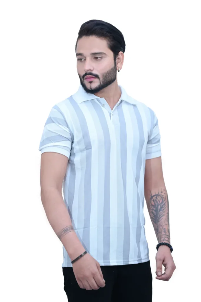 Striped White Gray Color Half Sleeves Collared T shirt