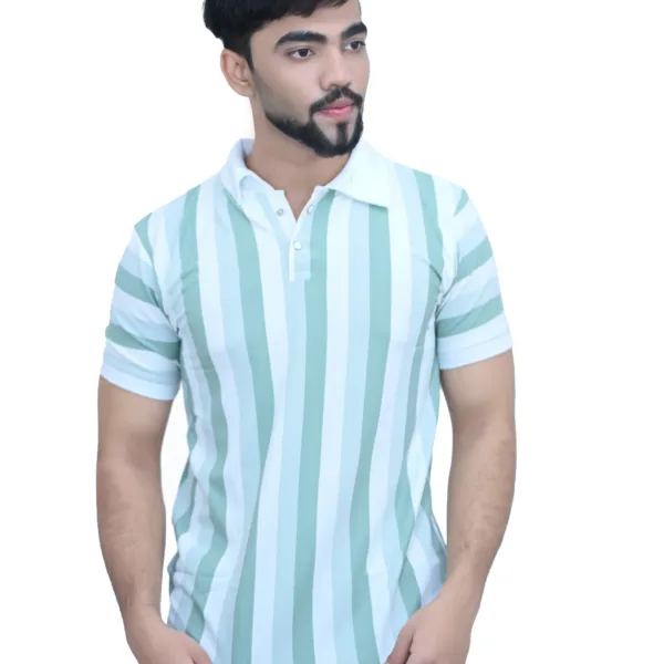 Striped White Green Color Half Sleeves Collared T shirt