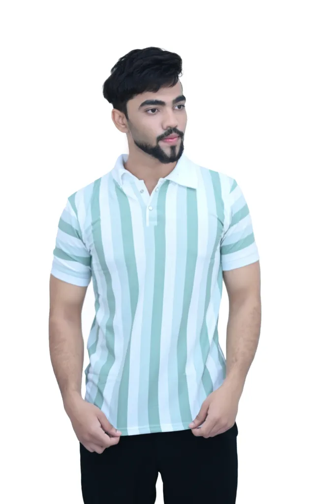 Striped White Green Color Half Sleeves Collared T shirt