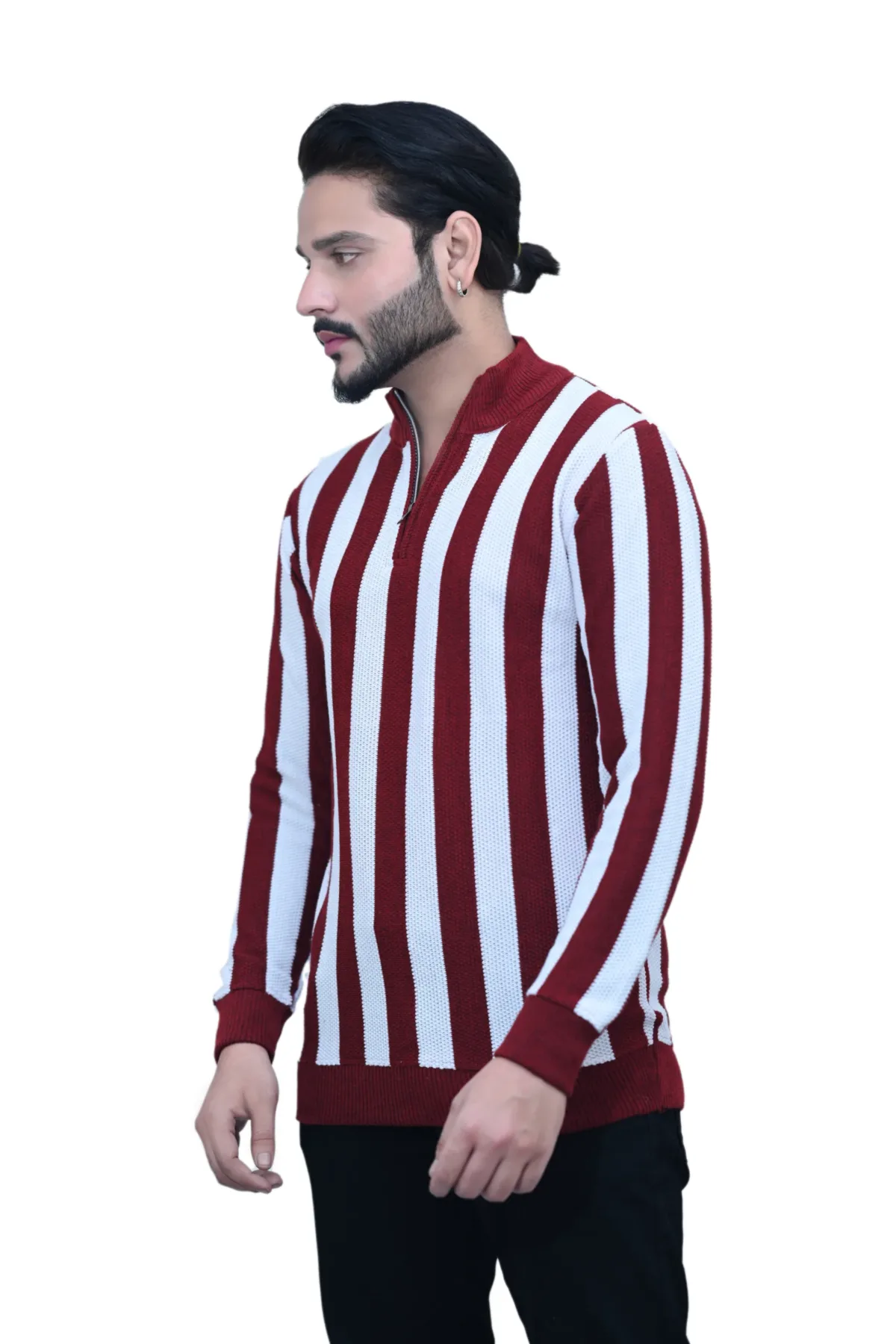 Striped White Maroon Color Full Sleeves Stand Collared T shirt