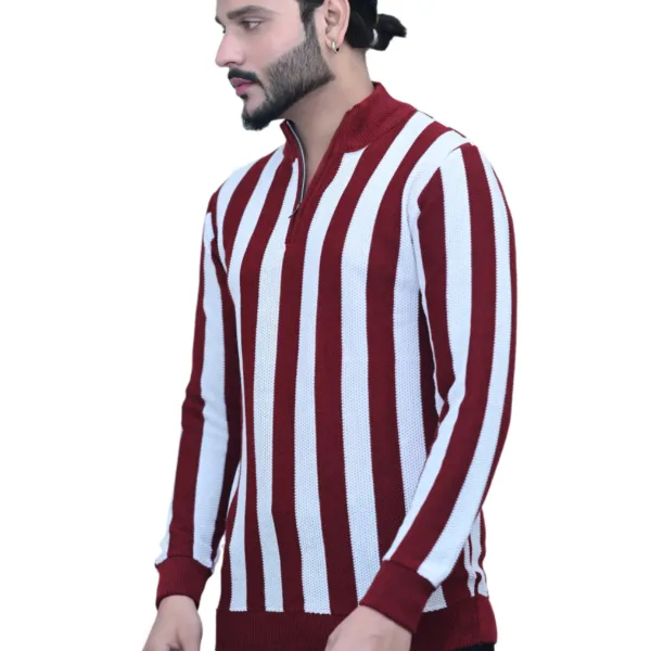 Striped White Maroon Color Full Sleeves Stand Collared T shirt