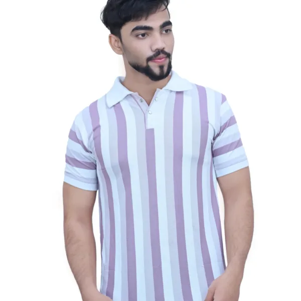 Striped White Purple Color Half Sleeves Collared T shirt