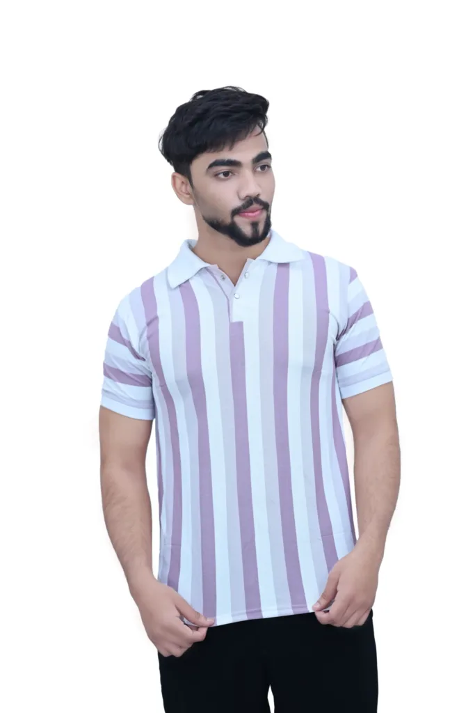 Striped White Purple Color Half Sleeves Collared T shirt