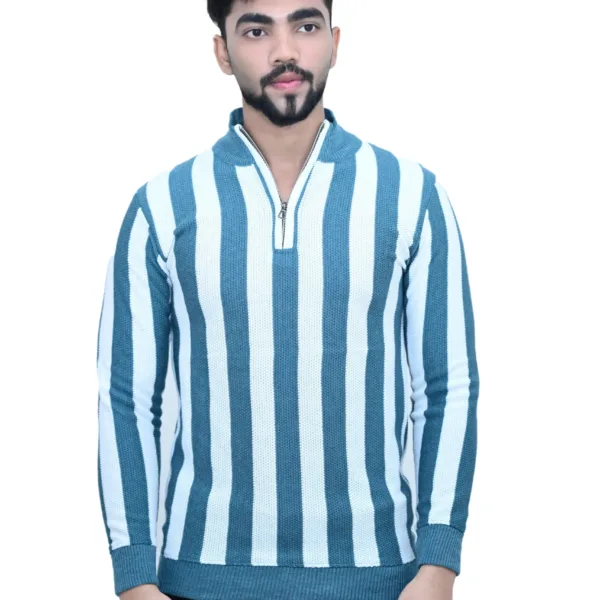 Striped White Sky Color Full Sleeves Stand Collared T shirt