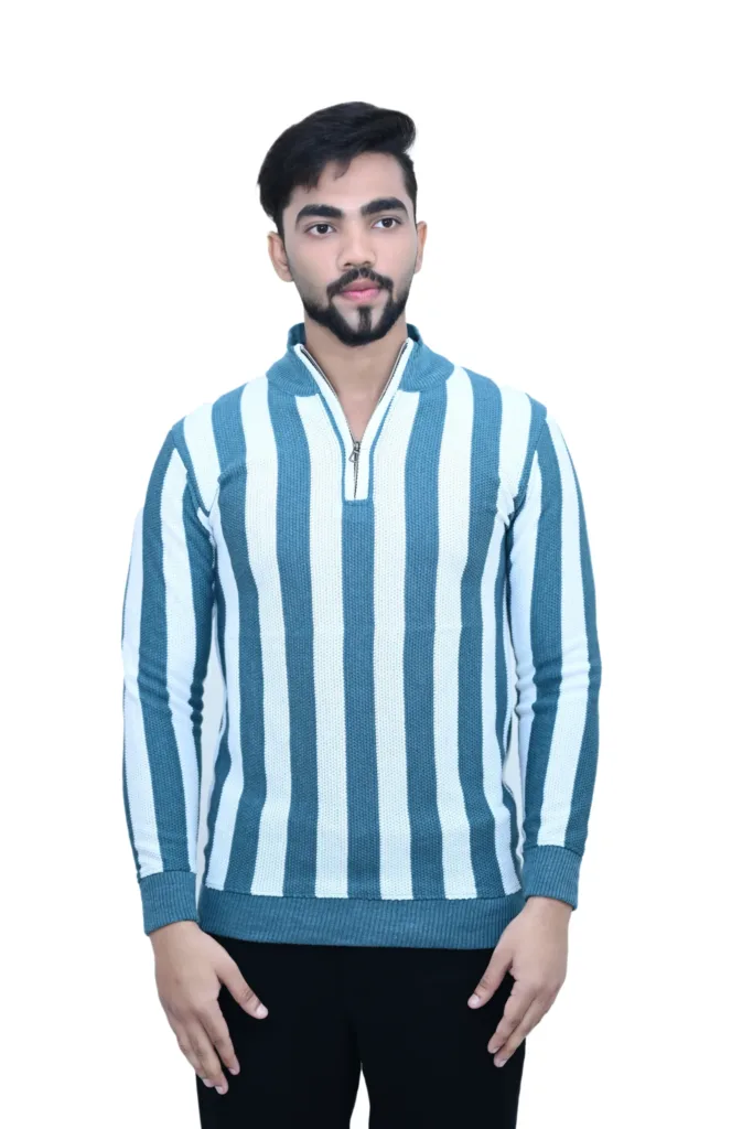 Striped White Sky Color Full Sleeves Stand Collared T shirt