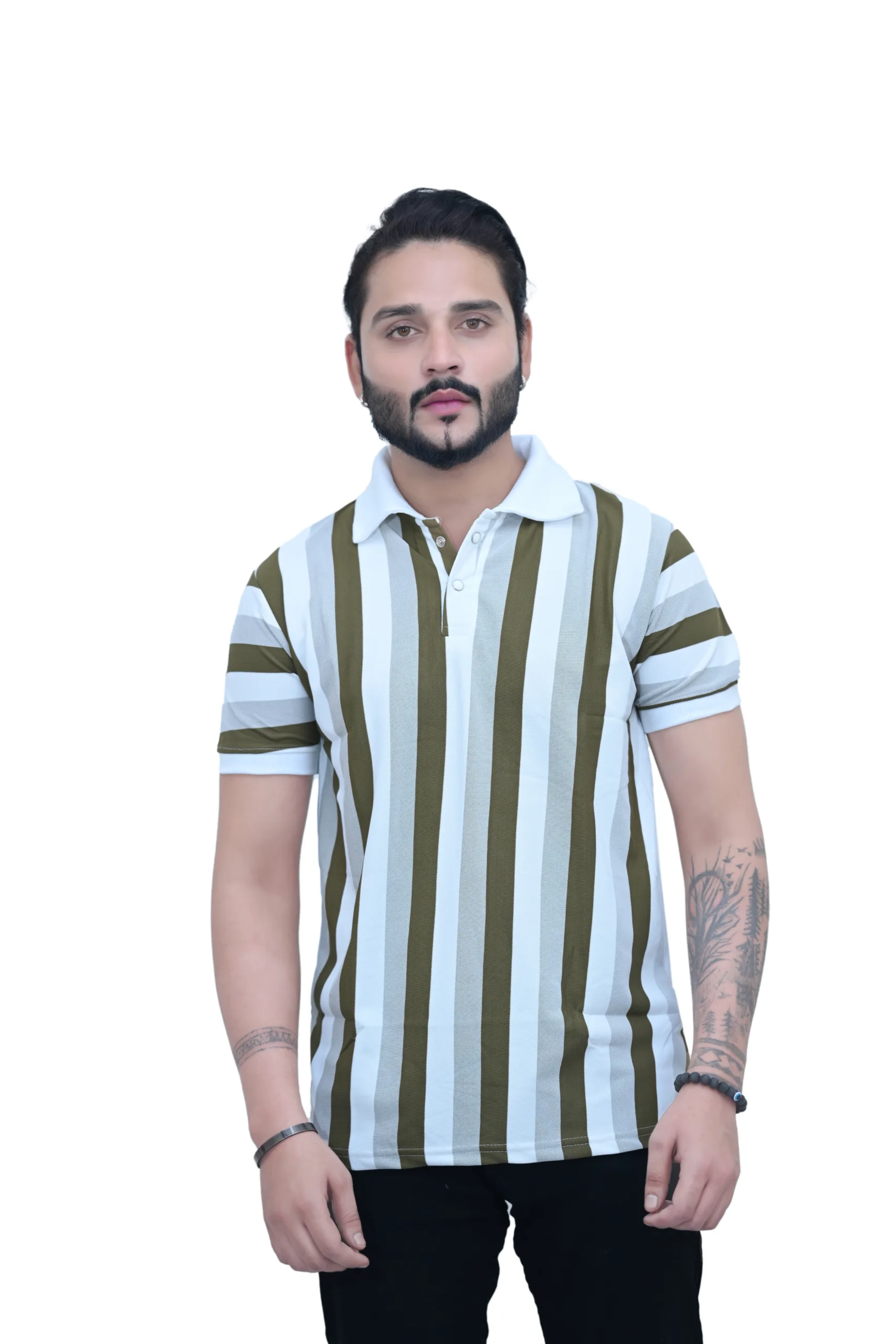 Striped White henna Color Half Sleeves Collared T shirt